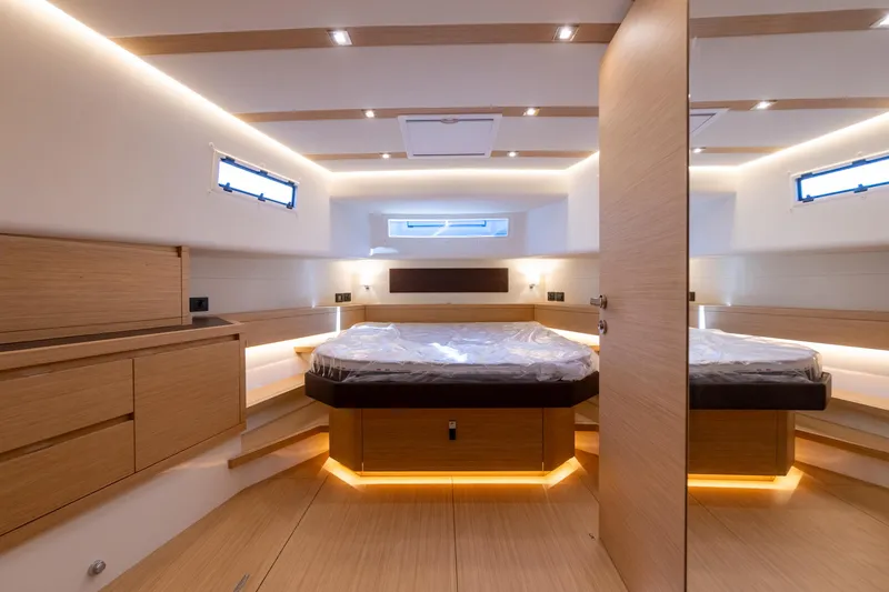 Slide: The Image of Luxurious interior of 2025 Pardo Yachts P50, featuring modern design and ambient lighting. - 43