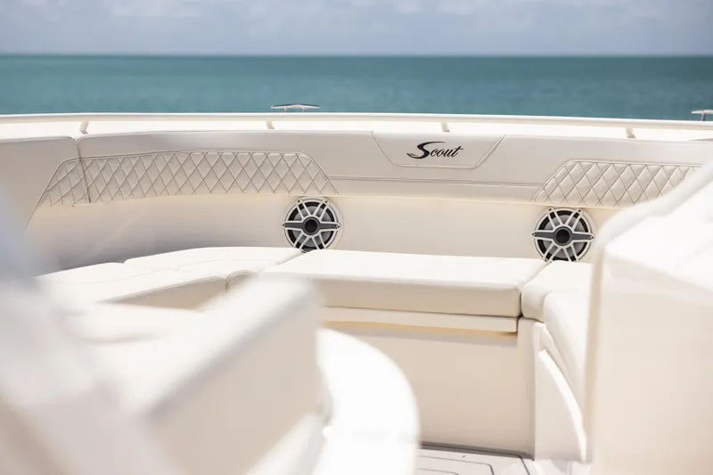 Slide: The Image of Luxurious interior of 2024 Scout 377 LXF boat with elegant seating and ocean view. - 37