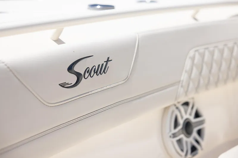 Slide: The Image of 2024 Scout 377 LXF boat logo and speaker detail. - 55