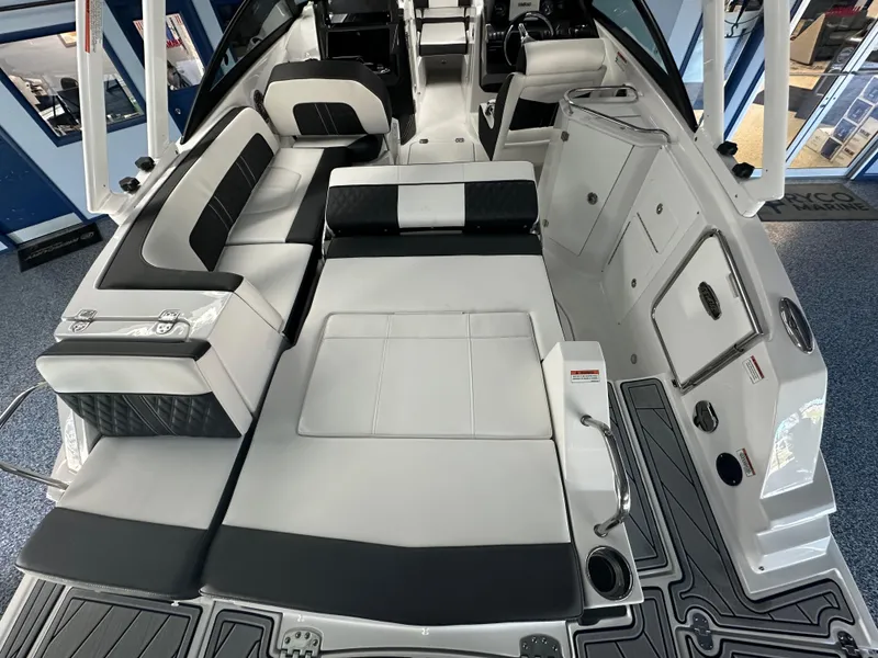 Slide: The Image of 2025 Monterey M45 boat interior with sleek seating and modern design. - 17