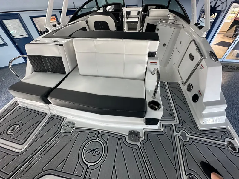 Slide: The Image of 2025 Monterey M45 boat interior with sleek seating and modern design. - 18