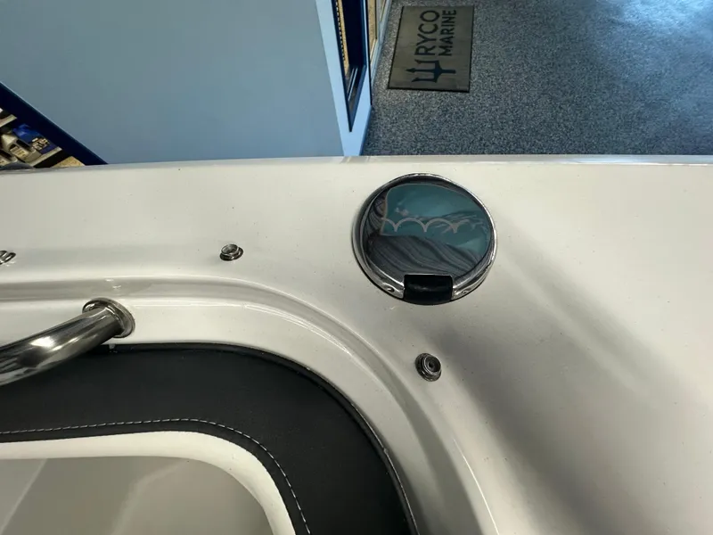 Slide: The Image of 2025 Monterey M45 boat deck with a circular hatch in a showroom setting. - 39