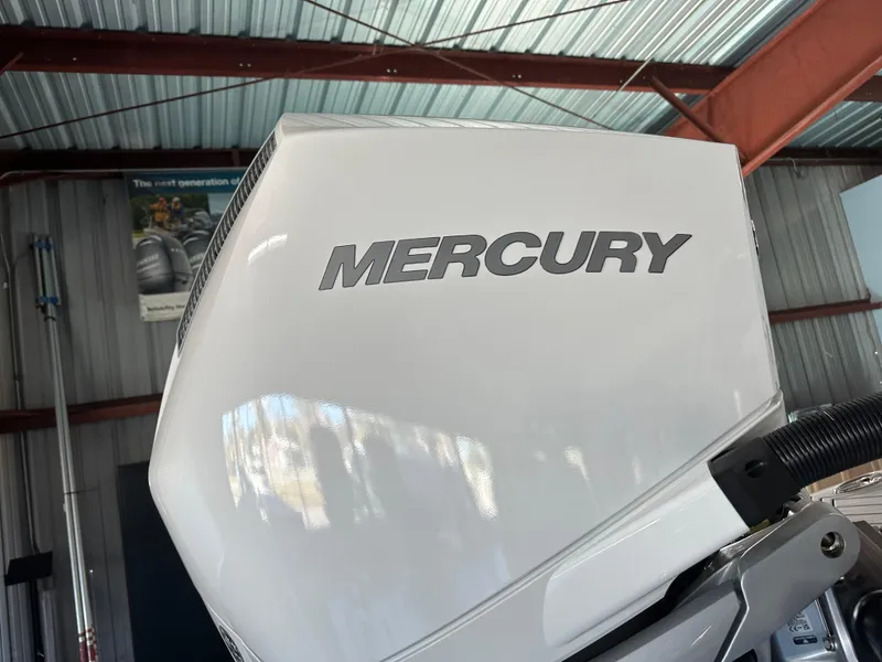 Slide: The Image of Monterey M-45 2025 boat with outboard motor in a showroom. - 49