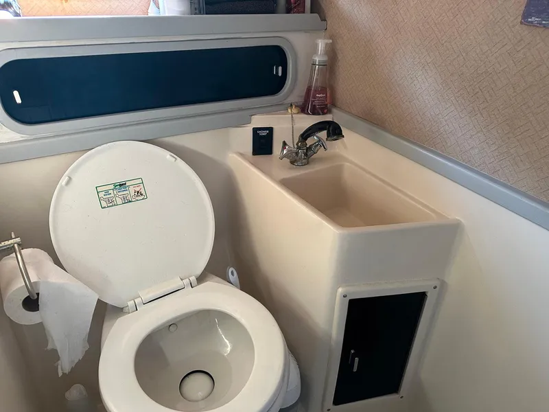 Slide: The Image of 1989 Tiara Yachts 3100 Convertible bathroom with toilet, sink, and storage. - 6