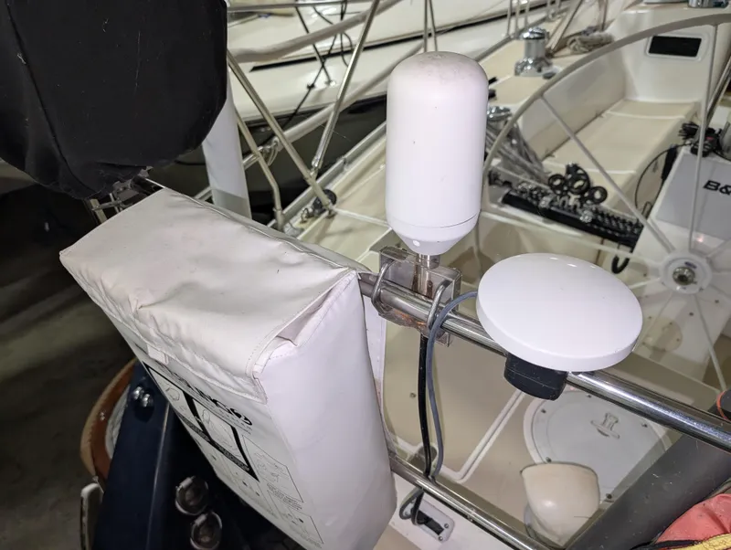 Slide: The Image of J Boats J/46 (2001) yacht deck with mounted equipment and safety gear. - 32