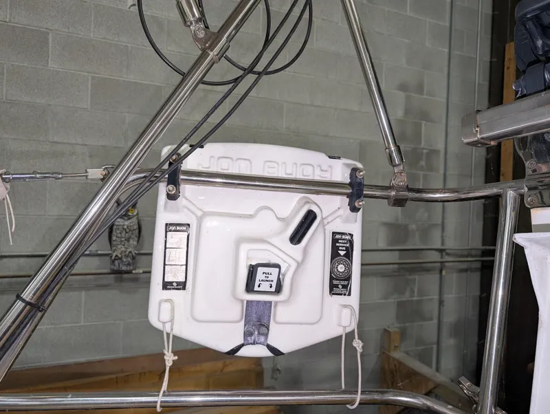 Slide: The Image of Lifesaving equipment on a 2001 J Boats J/46 yacht, mounted on stainless steel frame. - 42