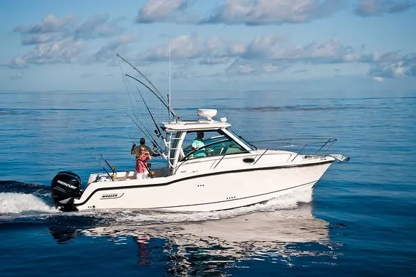 Slide: The Image of 2025 Boston Whaler 285 Conquest cruising on calm ocean waters under a clear sky. - 7