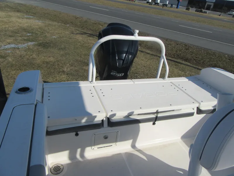 Slide: The Image of 2020 Robalo R230 Center Console boat with outboard motor, rear deck view. - 9