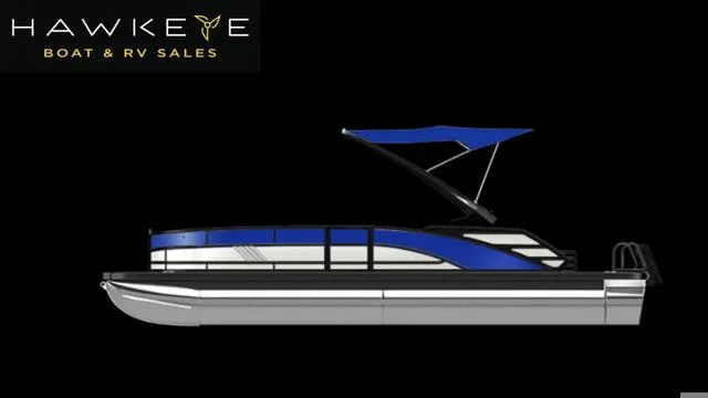 Slide: The Image of 2025 Bennington M Swingback 26 MSB pontoon boat with blue canopy, side view. - 27