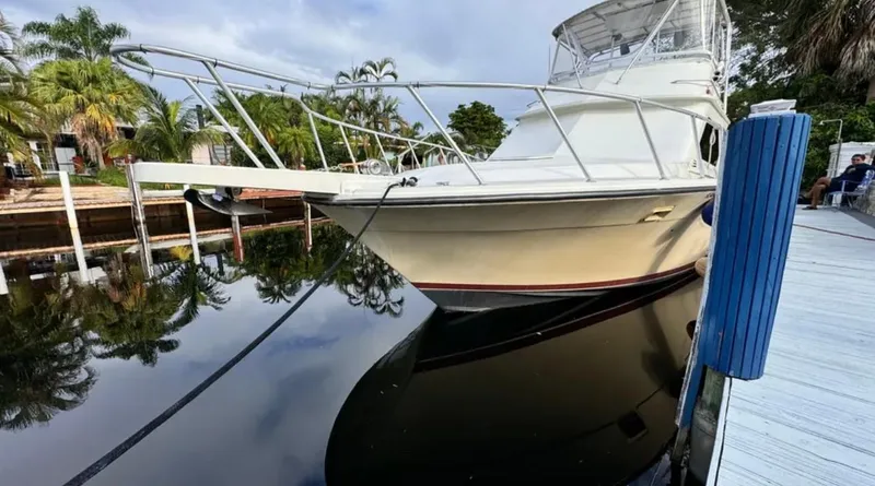 Slide: The Image of 1987 Blackfin Convertible boat docked on calm water with tropical surroundings. - 2