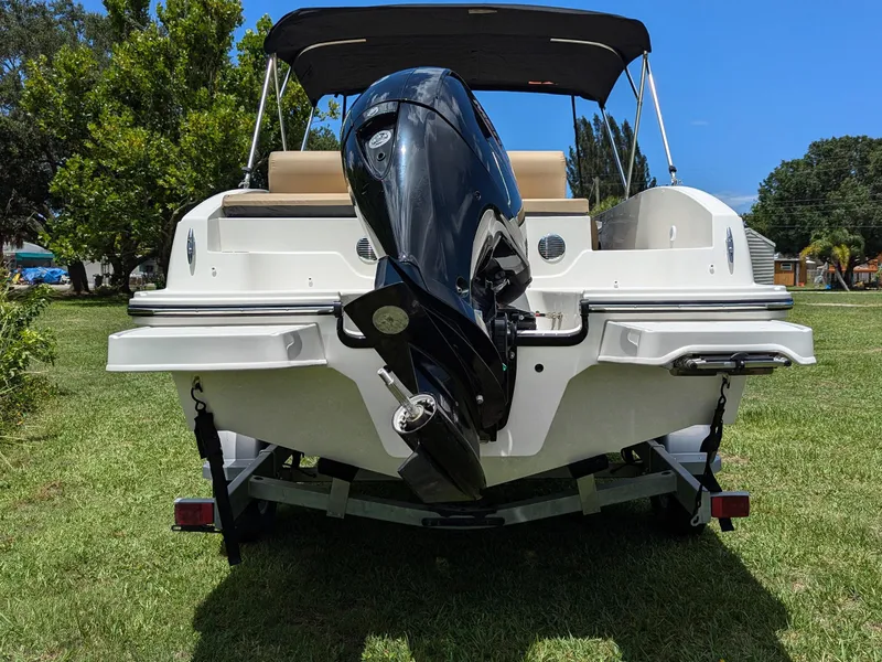 Slide: The Image of 2024 Bayliner DX2000 boat, rear view with outboard motor, parked on grass. - 5