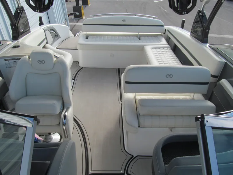 Slide: The Image of 2019 Cobalt R7 Surf boat interior with luxurious seating and modern design. - 18