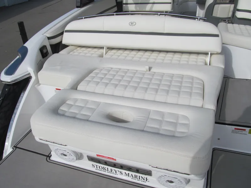 Slide: The Image of 2019 Cobalt R7 Surf boat with white cushioned seating at Stokley's Marine. - 7