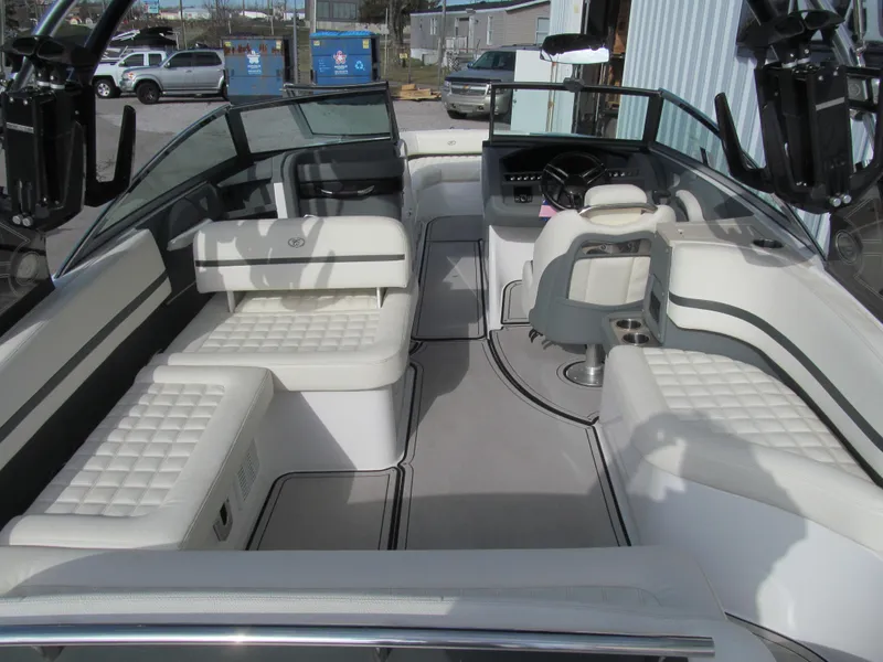 Slide: The Image of 2019 Cobalt R7 Surf boat interior with luxurious seating and modern design. - 8