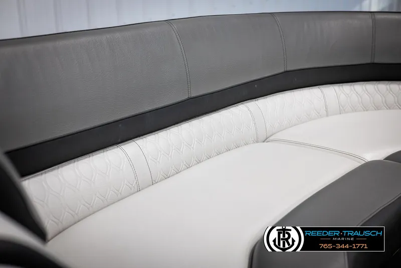 Slide: The Image of 2021 Avalon Catalina QL boat interior with elegant gray and white seating design. - 36