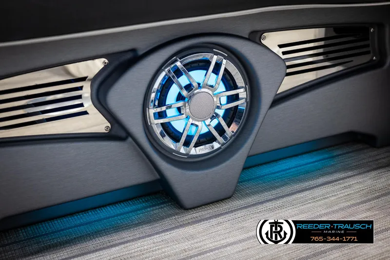 Slide: The Image of 2021 Avalon Catalina QL speaker with blue LED lighting, Reeder-Trausch Marine branding. - 39