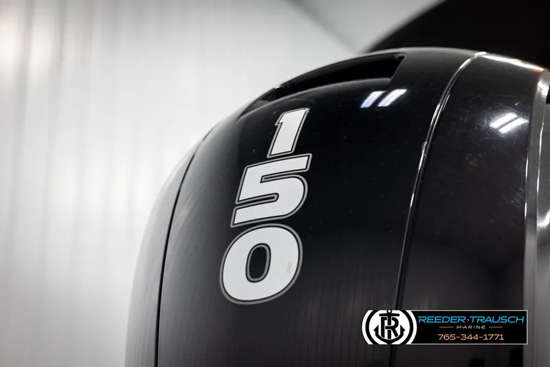 Slide: The Image of Close-up of Avalon Catalina QL 2021 outboard motor with '150' marking. - 43
