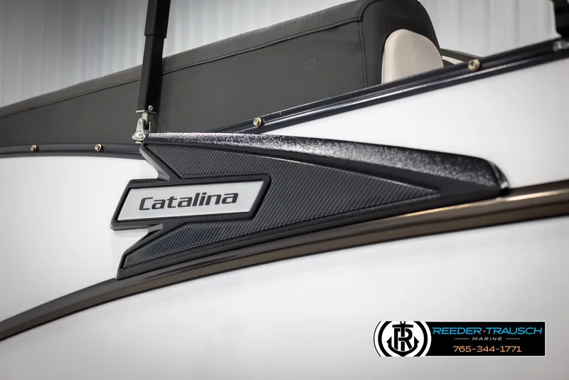 Slide: The Image of 2021 Avalon Catalina QL boat detail with logo and Reeder-Trausch Marine branding. - 47