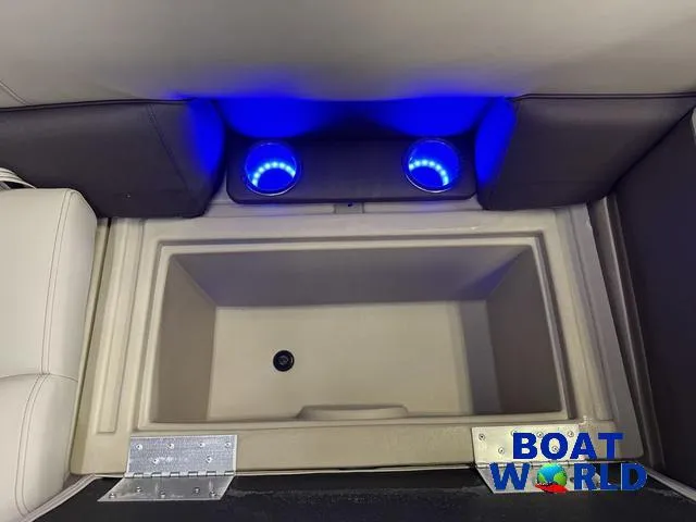 Slide: The Image of 2025 Bentley Pontoons Legacy 223 Navigator interior with illuminated cup holders. - 28