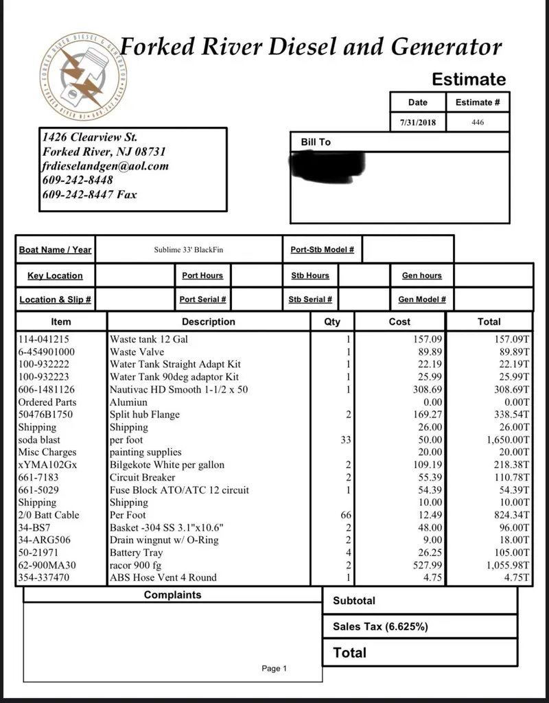 Slide: The Image of Forked River Diesel and Generator estimate for Blackfin 33 Convertible, 1995 model, detailing parts and costs. - 40