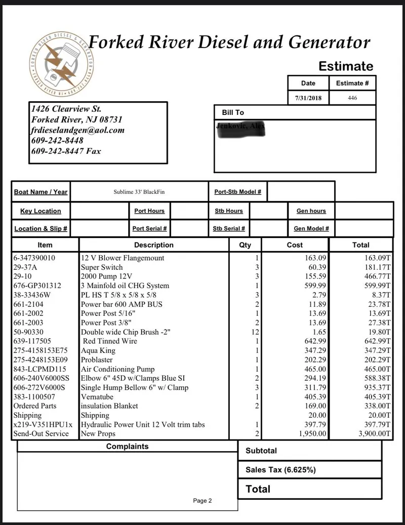 Slide: The Image of Estimate document from Forked River Diesel and Generator for a 1995 Blackfin 33 Convertible. - 41