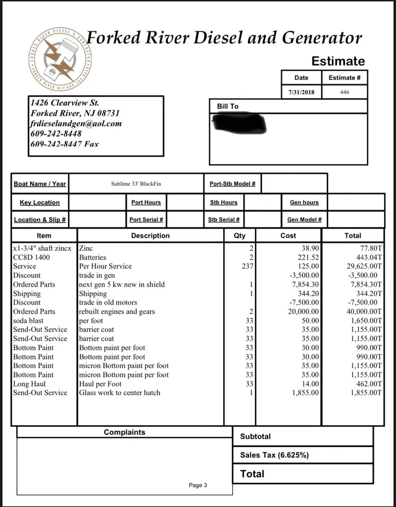 Slide: The Image of Estimate document from Forked River Diesel for 1995 Blackfin 33 Convertible boat services. - 42