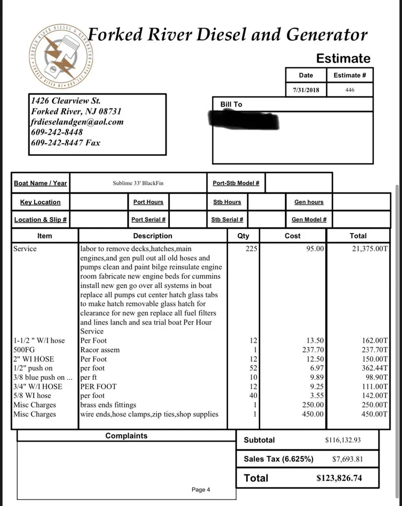 Slide: The Image of Estimate document for Blackfin 33 Convertible, 1995, from Forked River Diesel and Generator. - 43