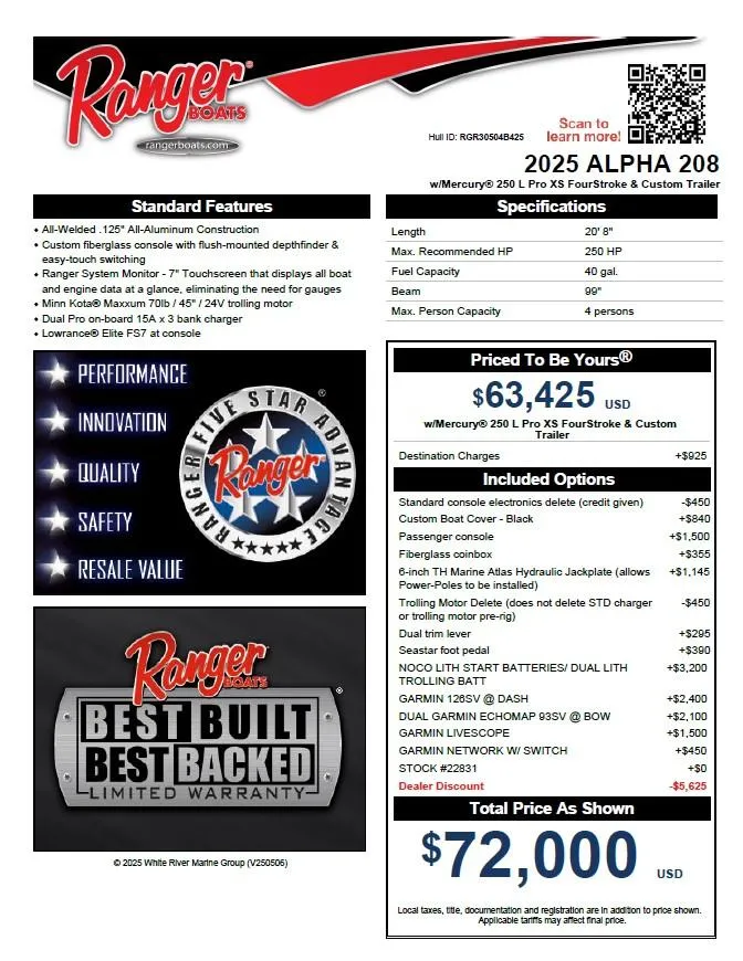 Slide: The Image of 2025 Ranger ALPHA 208 boat brochure with features, specifications, and pricing details. - 29