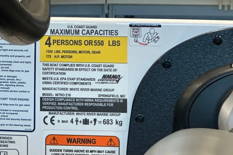 Slide: The Image of Nitro Z18 2025 boat capacity label, U.S. Coast Guard compliance, 4 persons or 550 lbs. - 9
