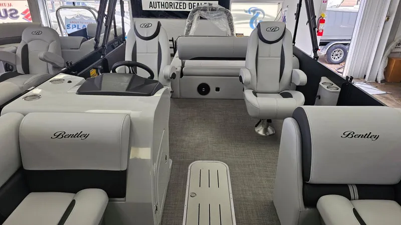 Slide: The Image of 2025 Bentley Pontoons Legacy 223 Swingback interior with luxurious seating and modern design. - 11