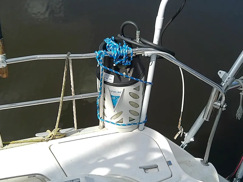 Slide: The Image of Hunter Passage 42 sailboat deck with safety equipment, 1990 model. - 10