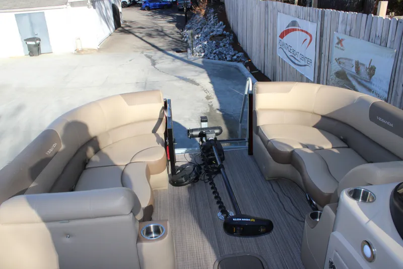 Slide: The Image of 2022 Veranda VR22F2 Luxury pontoon boat interior with plush seating and modern design. - 3