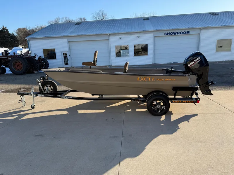 Slide: The Image of 2025 Excel 1651 River Warrior boat on trailer outside showroom. - 6