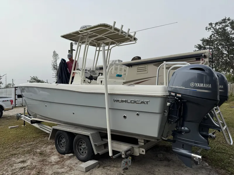 Slide: The Image of 2019 World Cat 230 CC boat with Yamaha outboard engines on a trailer. - 3