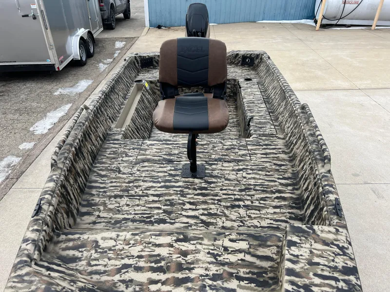 Slide: The Image of 2025 Excel 1651 River Warrior boat with camo design and swivel seat. - 8