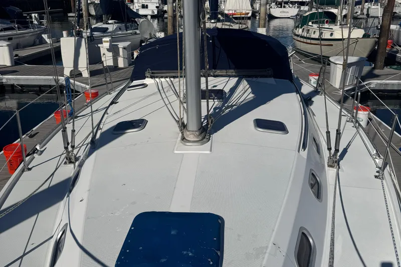 Slide: The Image of 2001 Catalina 42 MK II sailboat deck view at marina. - 8