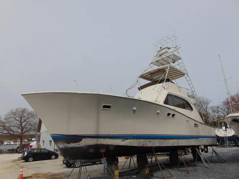 Slide: The Image of 1981 Post 46 Sportfish boat on stands, ready for maintenance. - 31