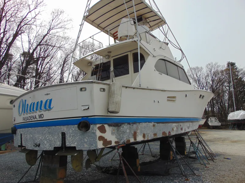 Slide: The Image of 1981 Post 46 Sportfish boat named "Ohana" on stands in Pasadena, MD. - 24