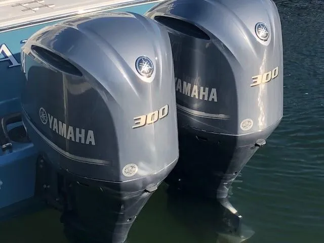 Slide: The Image of Twin Yamaha 300 outboard engines on a 2017 Albemarle 27 Express boat. - 35