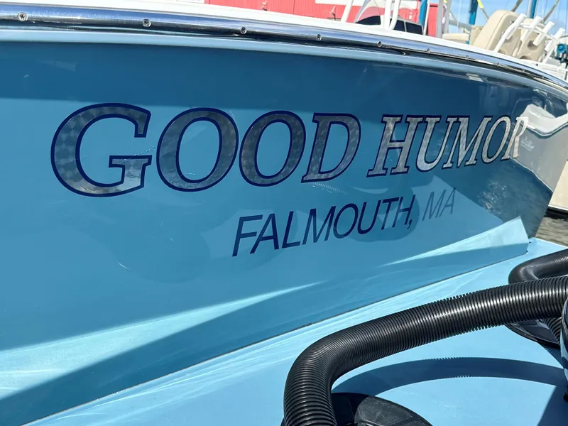 Slide: The Image of 2017 Albemarle 27 Express boat with "Good Humor" name, Falmouth, MA. - 5