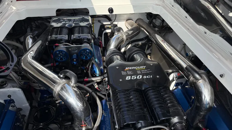 Slide: The Image of Engine compartment of a 2007 Fountain 42 Lightning with Mercury 850 SCI engines. - 26