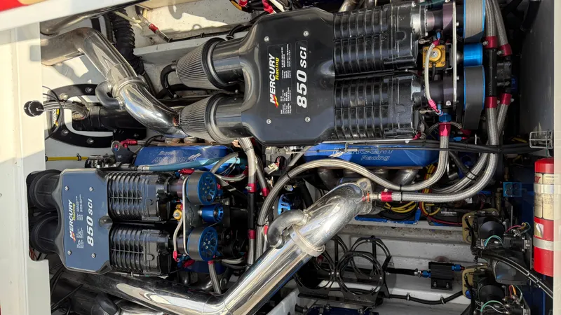 Slide: The Image of Engine compartment of a 2007 Fountain 42 Lightning with Mercury 850 SCI engines. - 28