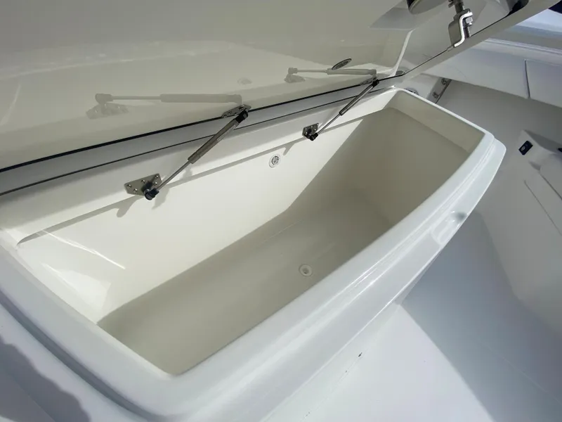Slide: The Image of 2024 Regulator 37 boat storage compartment with open lid and hydraulic supports. - 37