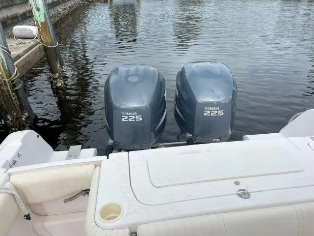 Slide: The Image of 2005 Grady-White 283 RELEASE boat with twin Yamaha 225 engines at dock. - 5