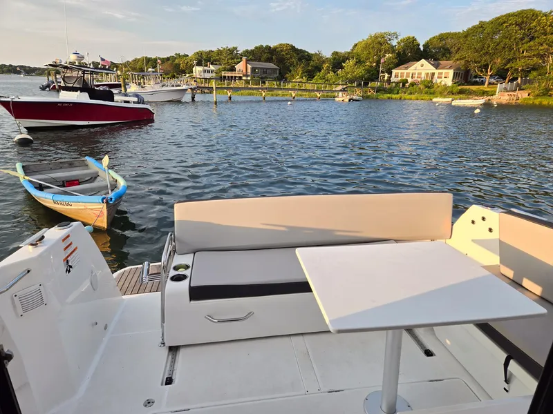 Slide: The Image of 2021 Jeanneau NC895 boat with seating area, table, and scenic waterfront view. - 32