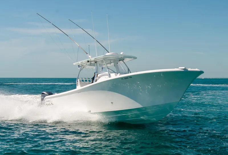 Slide: The Image of 2025 Front Runner 36 Center Console boat cruising on open water. - 29