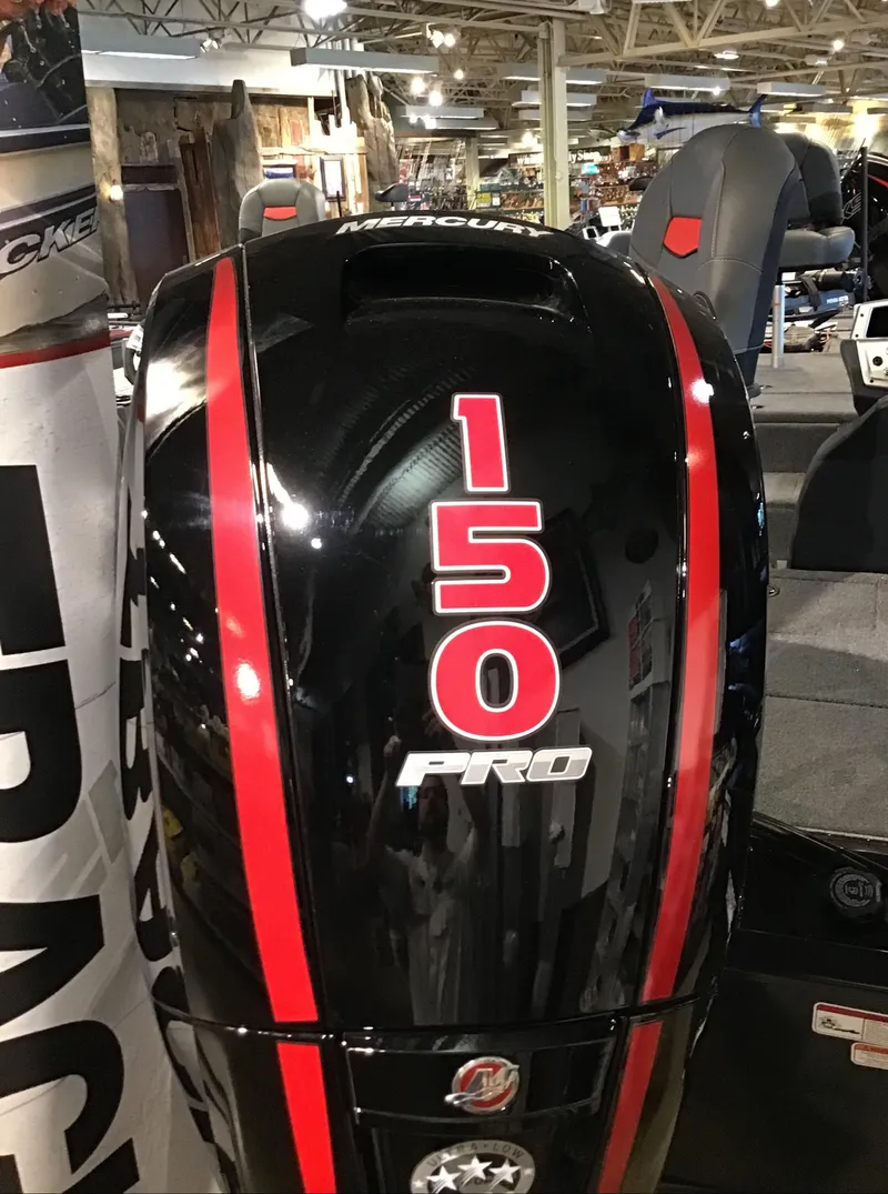 Slide: The Image of 2025 Tracker Pro Team 195 Tournament Edition boat engine, featuring "150 Pro" branding. - 3