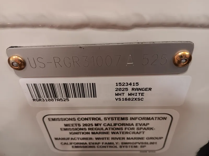 Slide: The Image of 2025 Ranger VS1682SC Reata boat identification and emissions control information plate. - 6