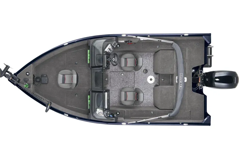Slide: The Image of 2025 Tracker Pro Guide V-175 Combo boat interior with four gray seats and steering wheel. - 7