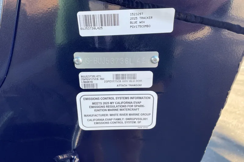 Slide: The Image of 2025 Tracker Pro Guide V-175 Combo boat identification and emissions labels. - 72